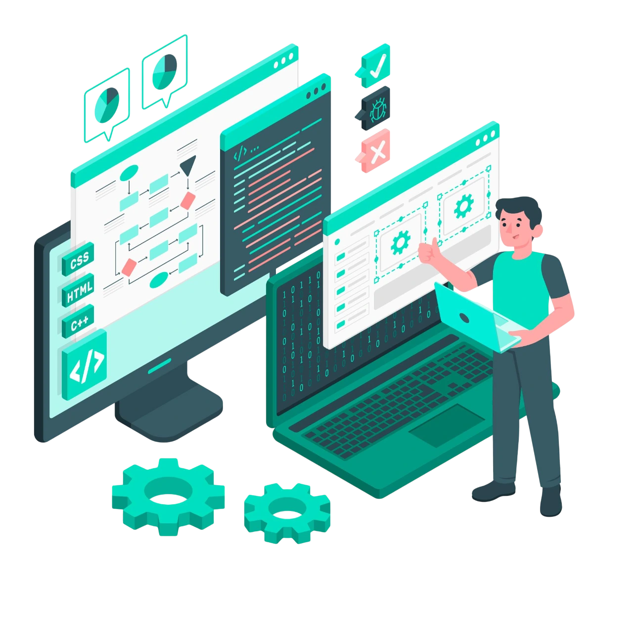 Illustration of a person working on a laptop with construction signs around